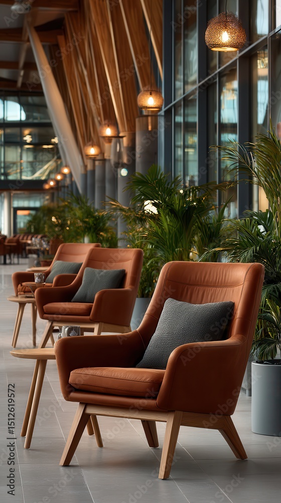 Obraz premium Elegant modern hotel lobby with brown leather armchairs, gray accent pillows, hanging pendant lights and tropical plants in contemporary interior design with floor-to-ceiling windows