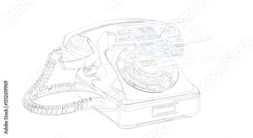Illustration of a vintage rotary phone with transparent overlay and coiled cord design style art