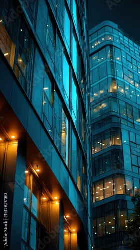 Dramatic modern glass skyscrapers illuminated with blue light at night showcasing contemporary corporate architecture in urban financial district with glowing windows and reflective surfaces