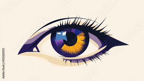 Minimalistic abstract illustration of a human eye with vibrant colors and stylized details on a light background