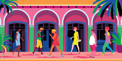 Street scene. Multiethnic people group walking outdoor mix race men women citizens crowd going along city street cityscape background. Trendy vector handmade drawing illustration.