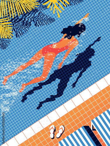 Young tanned woman swimming in pool with sun loungers on open terrace with palm trees at resort. Handmade drawing vector illustration.