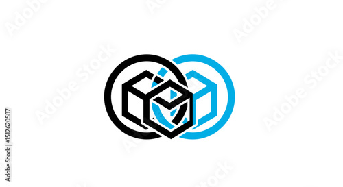 Interlocking cubes within black and blue oval shapes creating a complex visual design element here now