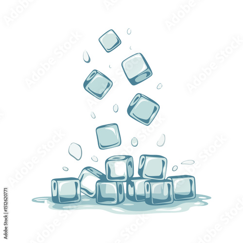 Falling Ice Cubes and Pile on White Background