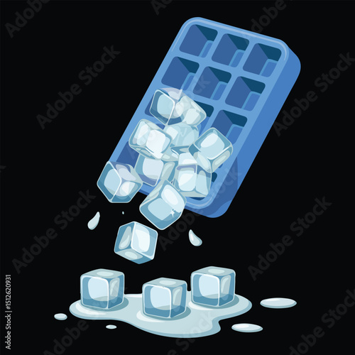Ice Cubes Falling from Tray with Melted Water – Vector Illustration on Dark Background