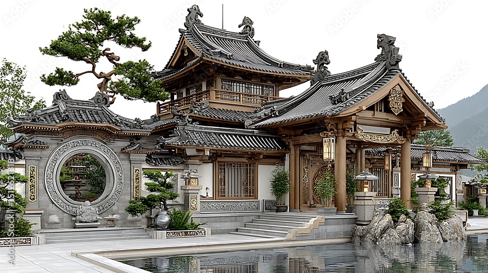 Naklejka premium Cultural shrine with mirrored lake reflections high resolution images