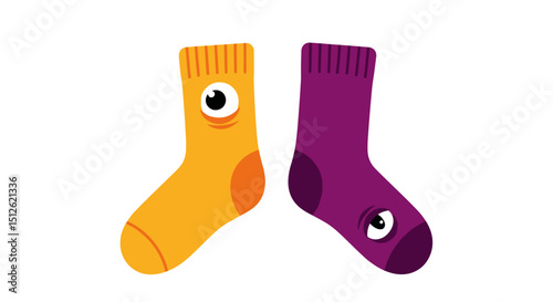 Two cartoon socks one yellow with orange heel and one purple both with eyes on a white background