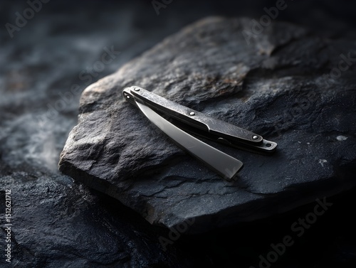 Achieve precision grooming with polished pewter straight razors elegantly displayed on dramatic misty charcoal surfaces