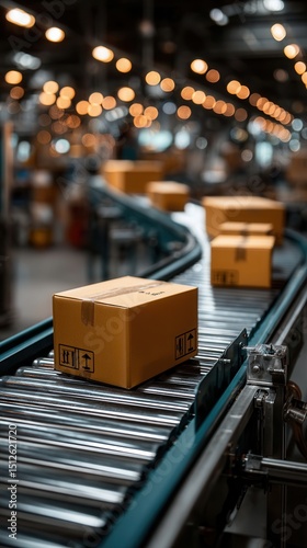Atmospheric cardboard packages moving on conveyor belt in modern distribution warehouse with bokeh lights in background, showcasing automated logistics system in e-commerce fulfillment center