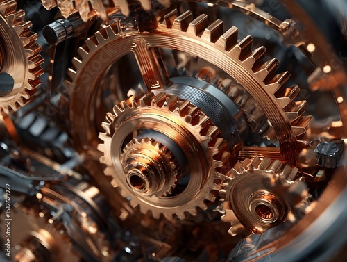 Witness intricate engineering as metallic bronze and copper 3D gears rotate within industrial design showcases photo