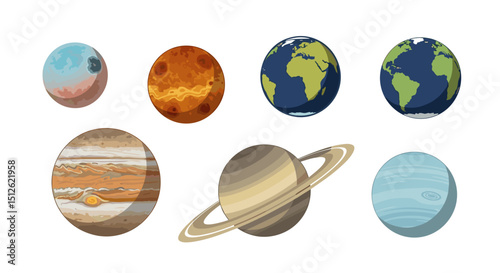 Illustration of seven planets including earth jupiter saturn and other celestial bodies in the solar system