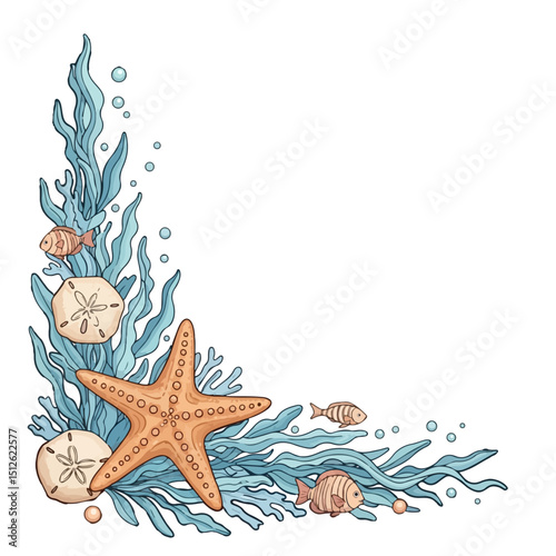  Marine Corner with Detailed Shells and Algae – Vector Style