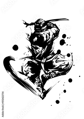 Shadow of the Ninja - Japanese Ink Painting in Sumi-e Style