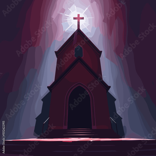 dramatic church, illuminated design, standing boldly, against dark background
