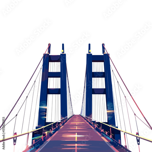 suspension bridge, modern design, extending forward, on white background