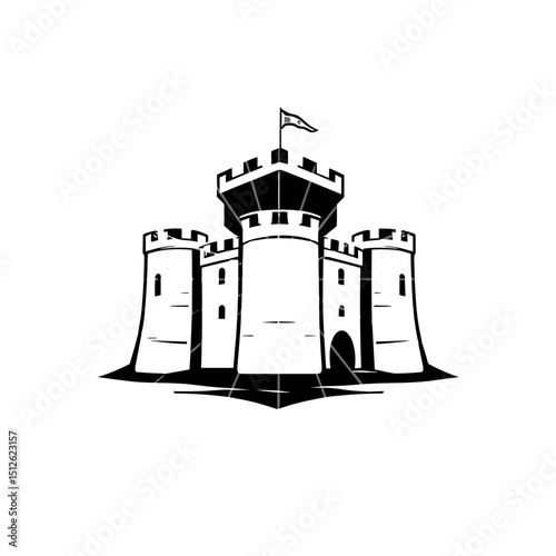 medieval castle, graphic illustration, standing strong, on white background