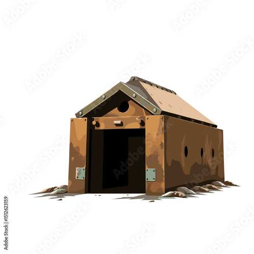 rusty shed, conceptual design, standing alone, on white background