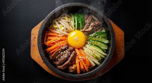 Korean Bibimbap in Steaming Dolsot Stone Bowl with Raw Egg Yolk and Vibrant Vegetables for Food Blogs, Restaurant Menus, Cultural Cuisine Education, and Wellness Features