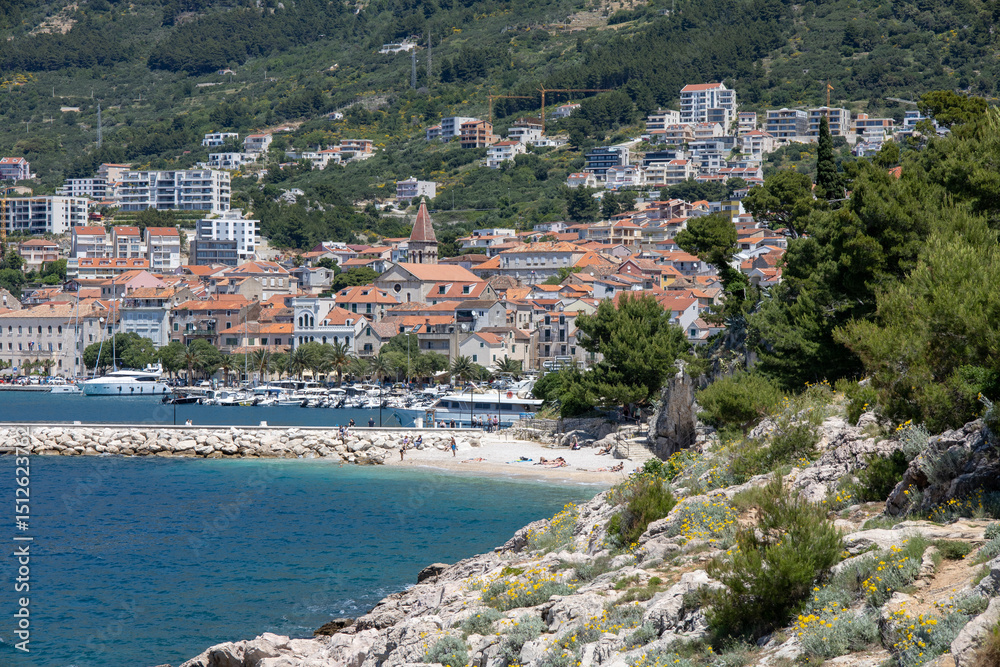 Obraz premium Amazing seascape of Adriatic sea. Near Makarska beach Croatia, Europe. Colorful summer view of small beach. Croatian coast with clear water and pine trees around.