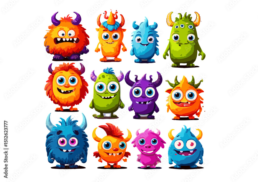 Fototapeta premium Adorable Collection of Colorful Cartoon Monsters Fun Illustrations for Kids, Design Projects, and More
