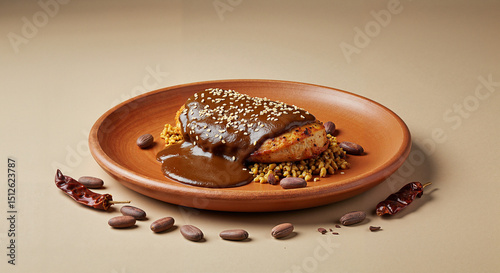 Mexican Mole Negro Over Roasted Chicken with Cacao and Chili on Rustic Ceramic Plate for Culinary Blogs, Cultural Cuisine Features, Menu Design, and Recipe Education