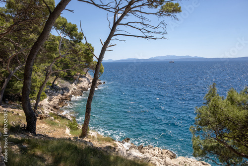 Fototapeta Naklejka Na Ścianę i Meble -  Amazing seascape of Adriatic sea. Near Makarska beach Croatia, Europe. Colorful summer view of small beach. Croatian coast with clear water and pine trees around.
