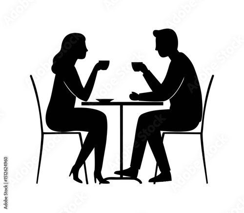The husband and wife silhouette are sitting at the table, a romantic couple meeting outside with a white background

