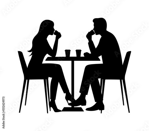 The husband and wife silhouette are sitting at the table, a peaceful couple meeting outdoors with a clean white background

