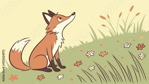 Warm Fox in Wildflowers Vector Illustration
