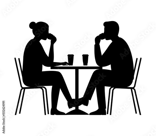 The husband and wife silhouette are sitting at the table, a couple sharing a moment outdoors against a white background

