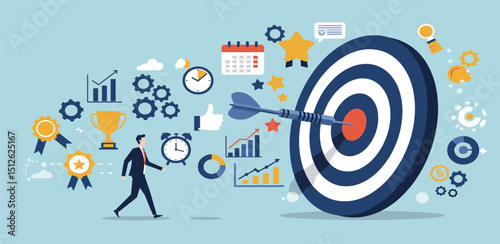 Goals setting, target achievement, focus on success outcome, planning to reach target bullseye, measurable result or clarity motivation concept,