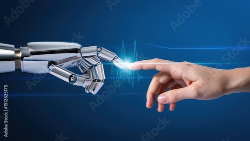 Human and robot hands touching with glowing connection on blue background