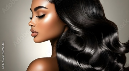 Beautiful mixed-race young woman with long black hair flowing, a beauty portrait. Perfect for advertisement for beauty products, specifically hair care products, generative AI