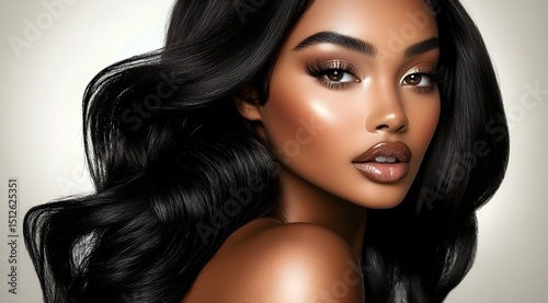 Beautiful mixed-race young woman with long black hair flowing, a beauty portrait. Perfect for advertisement for beauty products, specifically hair care products, generative AI