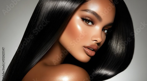 Beautiful mixed-race young woman with long black hair flowing, a beauty portrait. Perfect for advertisement for beauty products, specifically hair care products, generative AI