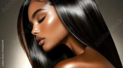 Beautiful mixed-race young woman with long black hair flowing, a beauty portrait. Perfect for advertisement for beauty products, specifically hair care products, generative AI
