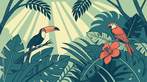 Intricate Tropical Scene Vector Design