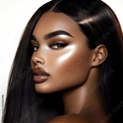 Beautiful mixed-race young woman with long black hair flowing, a beauty portrait. Perfect for advertisement for beauty products, specifically hair care products, generative AI