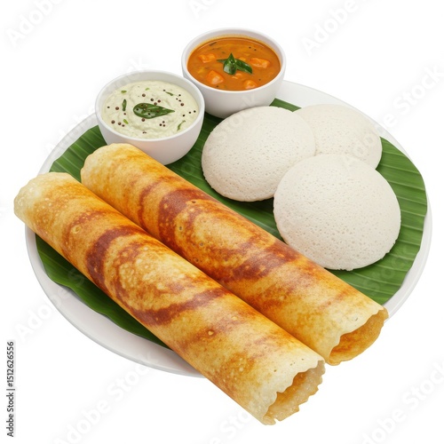 South indian breakfast dosa idli sambar chutney isolated on white background