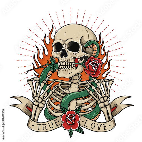 Illustration of a flaming skull with snakes and roses symbolizing true love and passion