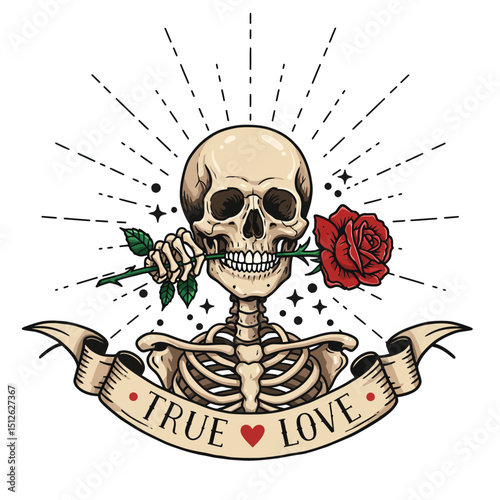 Illustration of a skeleton holding a red rose in its mouth symbolizing eternal true love with a decorative banner