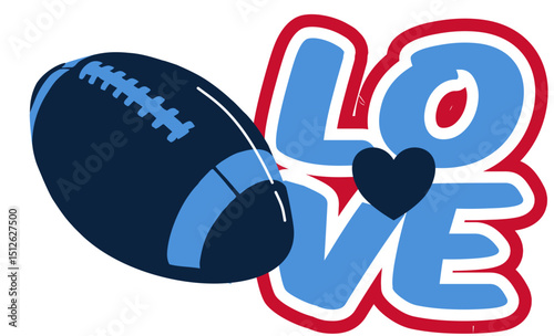 Love written in blue and red with a heart at the center and a football ball next to the text. Bold vector design in street art style, perfect for sporty, dynamic illustrations.
