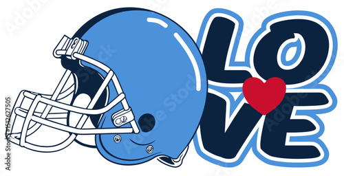 Love written in navy blue and blue with a red heart at the center and a football helmet next to the text. Bold vector design in street art style, perfect for sporty, dynamic illustrations.