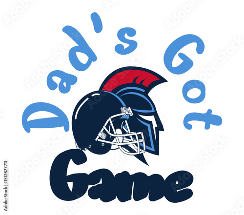 Circular “Dad’s Got Game” text in navy blue and sky blue with a football helmet at the center and a Greek warrior profile wearing a battle helmet. Strong sports and warrior theme.