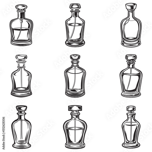 Elegant Perfume Bottle Illustration in Black and White Classic Fragrance Container Detailed Silhouette