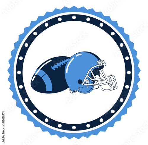 Navy blue and ligth blue round frame with stars and football helmet and Ball, sport vector graphics, retro style