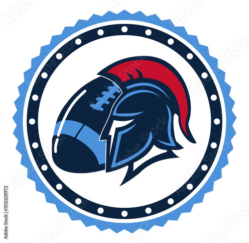 Face of a Greek Spartan warrior with a helmet and a football, inside a circular frame decorated with a zigzag pattern. Navy blue and sky blue colors.