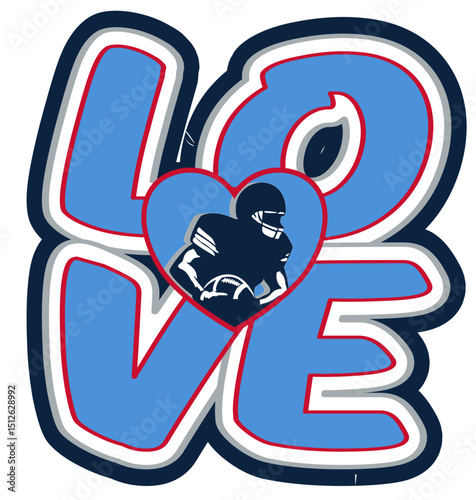 Love written in bold, rounded typography with a football player silhouette inside a heart replacing the “O”. light blue and navy blue sporty, perfect for fans and football-themed designs.	
