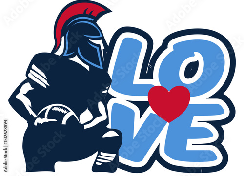 LOVE text in round font, colors: sky blue, and navy blue, with a red heart at the center. On the side, a navy blue football player with a Greek warrior helmet.