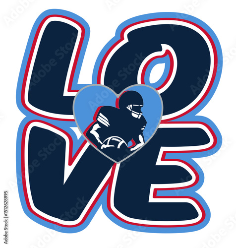 Love written in bold, rounded typography with a football player silhouette inside a heart replacing the “O”. light blue and navy blue sporty, perfect for fans and football-themed designs.	
